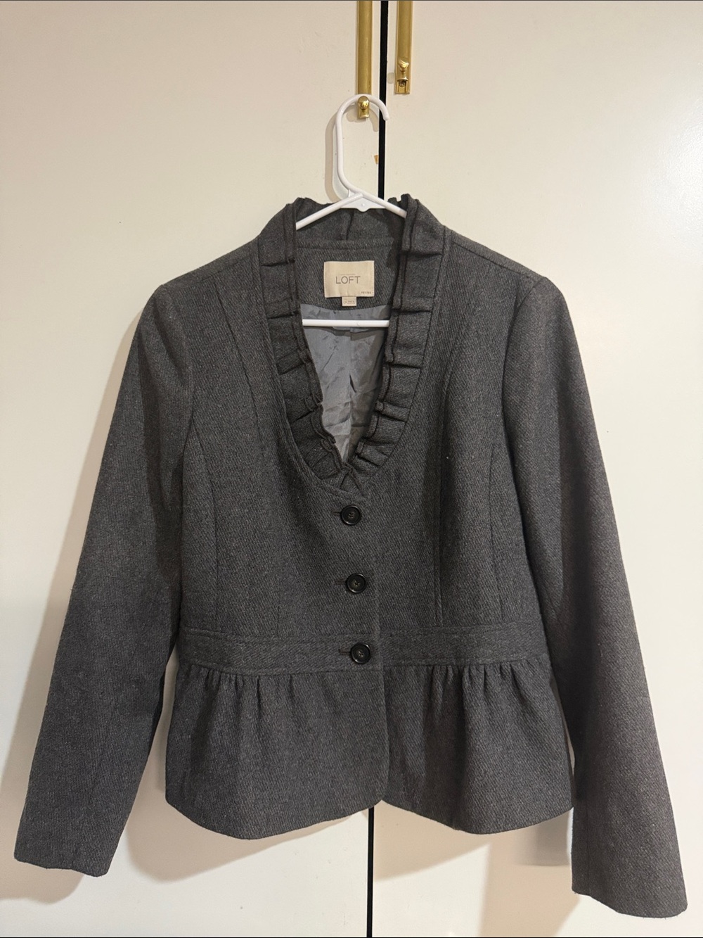 LOFT Gray Ruffle-Trim Peplum Blazer